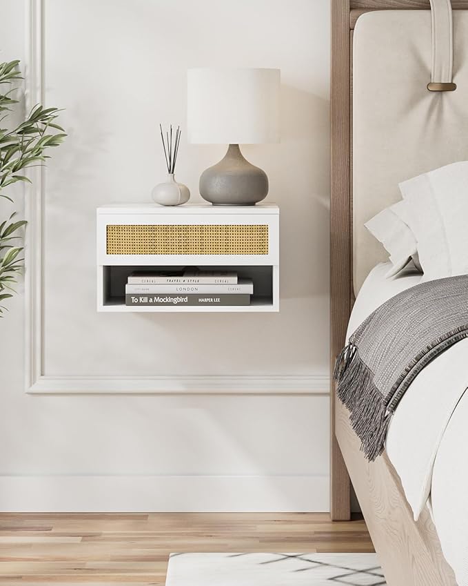 Small Modern Nightstand with Drawer, Floating Shelves for Bedroom, Bathroom (White Rattan)