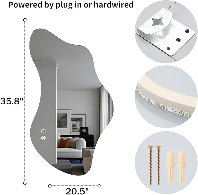 35.8in Asymmetrical Bathroom Mirror with Lights, LED Irregular Wall Mirror, Abstract Modern Lighted Vanity Mirror for Wall, Anti-Fog, Dimmable, Horizontal/Vertical