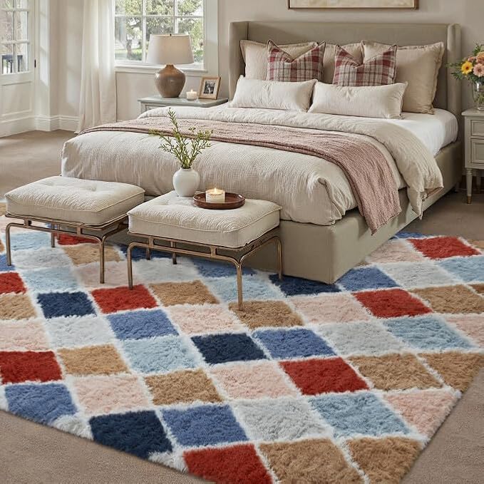 8x10 Checkered Rug for Living Room Rainbow Modern Soft Area Rug Fluffy Non-Slip Carpet for Bedroom Playroom Home Aesthetic Decor