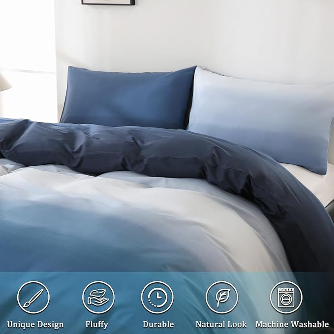 Blue and White Duvet Cover Queen Size 100% Cotton Duvet Cover Sets Gradient Blue Comforter Cover Ocean Like 3 Pcs Soft and Lightweight Bedding Set for All Seasons
