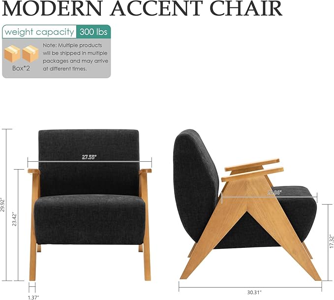 Home Accent Chair Mid Century Modern Accent Chair with Wood Frame, Lounge Upholstered Armchair, Reading Chair, Sturdy Base,For Living Room, Bedroom,Office,Comfy Guest Waiting Room Chairs,Black