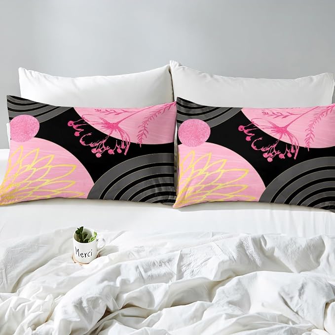 Erosebridal Boho Mid Century Duvet Cover Full Size for Women Men Adults |Pink and Black Modern Comforter Cover Minimalist Geometric Bedding Set Aesthetic Modern Abstract Bed Set