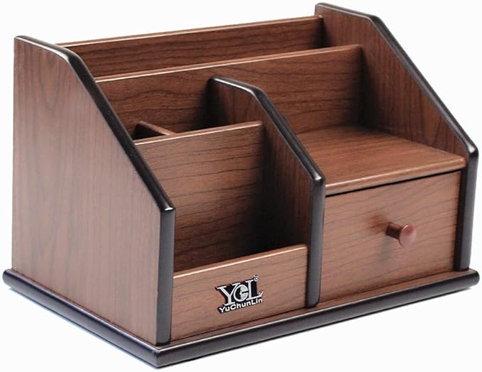 Wooden desk organizer with Drawer,Multifunctional Office & Home Storage Organizer as Large pencil holder makeup organizer remote control holder etc. (YCL829)
