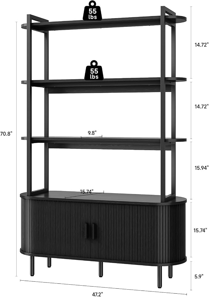 4 Tier Bookshelf with Fluted Cabinet, Tall Bookcase with Sliding Door, Metal and Wood Display Shelf, Free Standing Storage Shelving Unit, Corner Storage Organizer for Living Room, Home Office, Black