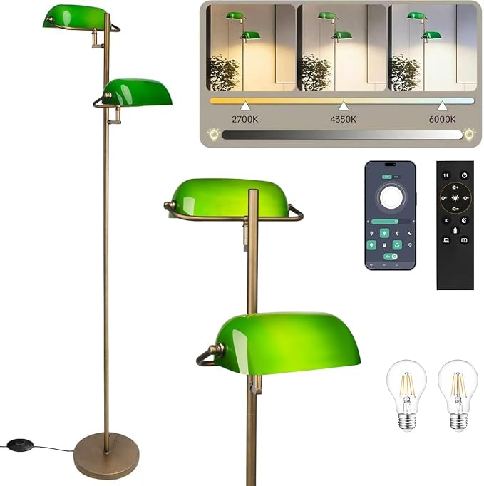 FIRVRE Bankers Floor Lamp for Living Room, Vintage Floor Lamp with Foot Switch,Remote Control Standing Lamp with Glass Lampshade, Antique Green Floor Lamp for Bedroom Office Kid Room