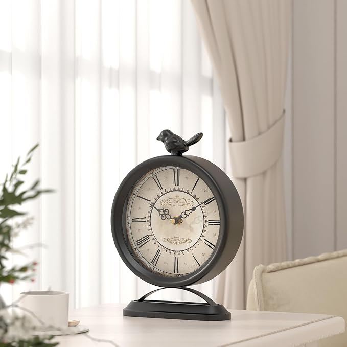 Vintage Table Clock with Bird, European Antique Style Black Mantel Clocks, Desk and Shelf Decor Clock, for Farmhouse, Bedside, Living Room, Bedroom, Gift (9" H x 6.5" W)