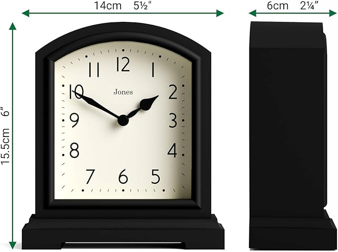 JONES CLOCKS® Tavern Mantel Clock | Modern Arch top Design | Black | Contemporary Classic Style for Desk, Table, Shelf or Bedside