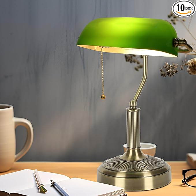 NISSAFORS Bankers Desk Lamp, Green Glass Shade, Vintage Desk Lamp with Pull Chain Switch, Retro Table Lamps for Home Office (Brass+Green, Middle)
