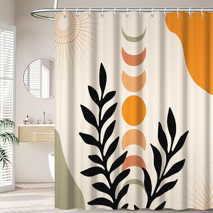 Mid Century Boho Shower Curtain for Bathroom Black Leaves Orange Sun Moons Bathtub Curtains Modern Bohemian Abstract Bathroom Decor Set Washable Waterproof Polyester Fabric with Hooks 72x84 Inch