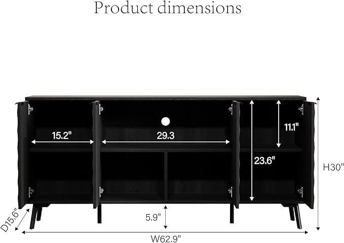 62'' Diamond Flute Sideboard Buffet Cabinet, Diamond Shaped Relief Storage Cabinet with Adjustable Shelves, Accent for Living Room, Entryway,Hallway (Advanced Black Wood Grain)