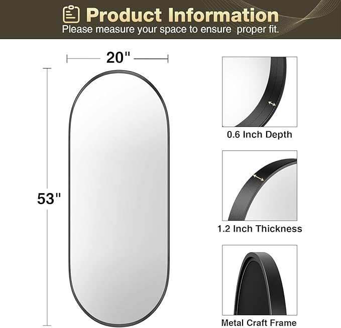 Brightify 20x53 Inch Black Oval Full Length Mirror for Bathroom, Oversized Large Mirror, Vanity Mirrors Metal Frame, Wall Mounted Mirror for Entry Wall Decorative Hang Vertical and Horizontal