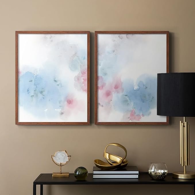 Renditions Gallery Set of 2 Peel & Stick Framed Prints, Watercolor Abstract Wall Art, Cotton Candy Splash Wall Decor, Re-Stickable - Ready to Hang - 8"x10" - Walnut Frame LT588