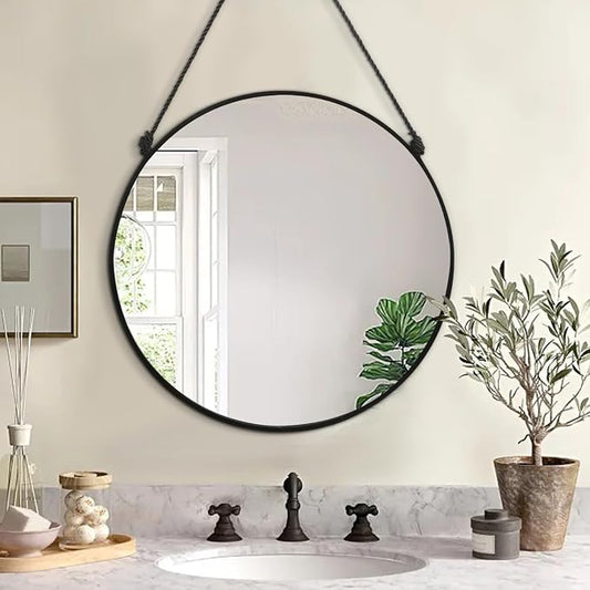 Circle Hanging Wall Mirror - Black Round Mirror, 16 Inch, Modern Home Decor for Bathroom, Living Room, Bedroom, Entryway, Hallway, Washroom, Dorm
