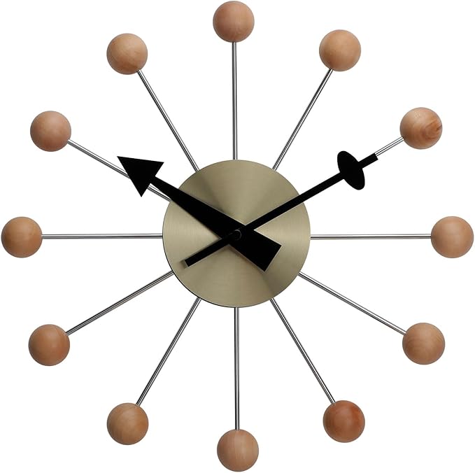 NUOVO 13 Inch Wood Ball Wall ClockMulticolor Mid Century Creative Silent Quartz Personality Funny Decorative Home Living Room Kitchen Office Retro Design Clock