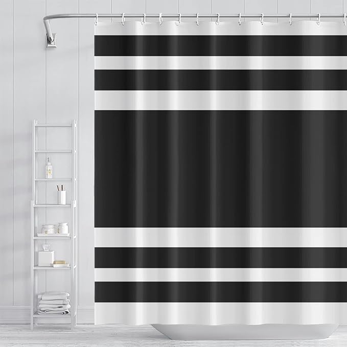 Abstract Stripes Bathroom Shower Curtain Black and White Geometric Pattern Waterproof Fabric Shower Curtains with Hooks Modern Minimalist Artistic Aesthetic Home Decorative, 69x70 Inch
