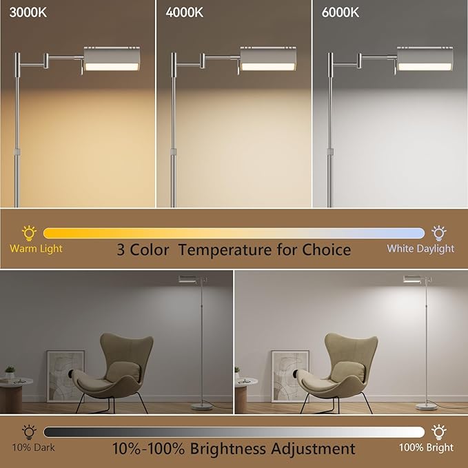 SUNMORY Dimmable LED Pharmacy Floor Lamp, 16W/1500LM Bright Reading Floor Lamp with Remote & Touch Control, 350°Swing Arm, Adjustable Task Craft Standing Lamp for Living Room Bedroom Office, Nickel