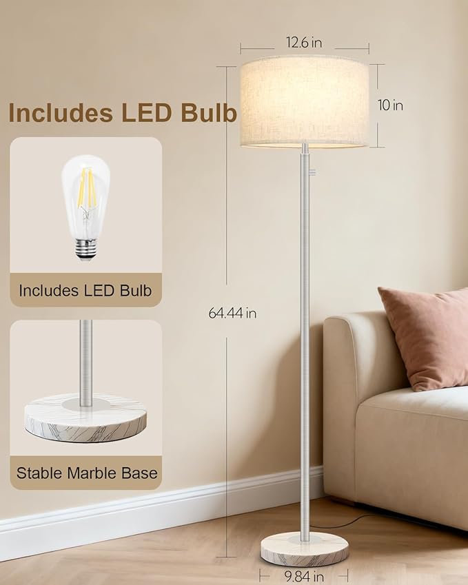 Brushed Nickel Floor Lamp for Living Room,Modern Standing Lamp with Marble Base,Tall Standing Lamp with Stepless Dimming & Linen Shade,Floor Lamp for Bedroom, Reading,Office,LED Bulb Included