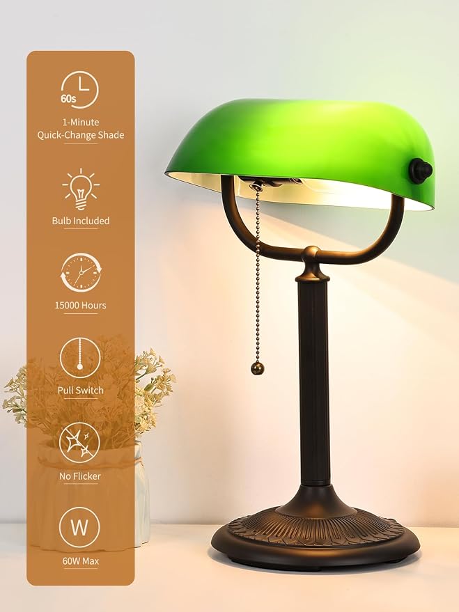 1-Minute Quick-Change Shade Antique Green Glass Bankers Desk Lamp for Study, Office, Library,LED Bulb Included