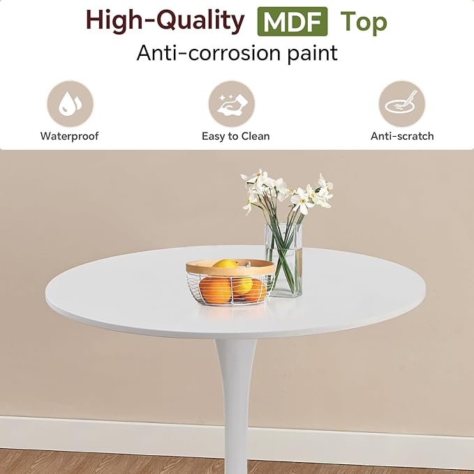 Round Dining Table 27.5" White Tulip Table with Pedestal Base for 2-4 People Small Space - Kitchen Living Room Cafe