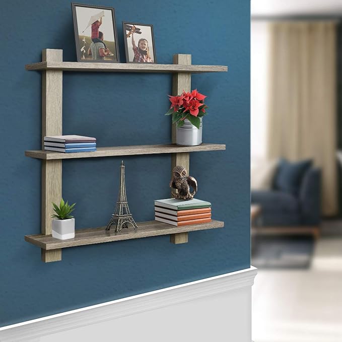 Sorbus Bathroom Shelves - 3-Tier Wall Mounted Floating Shelves for Books, Trophies, Wall Decor, Kitchen, Living Room & Bathroom Decor - Decorative Hanging Display Over The Toilet Storage Shelf - Gray