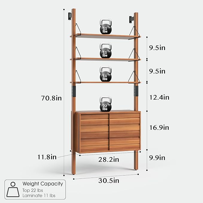 JOINICE, Ladder Bookshelf with Storage Cabinet, Mid Century Modern Wall Mounted Bookcase with Wood and Metal Frame, 6 Tier Open Display Shelves for Living Room, Bedroom, Home Office, Cherry