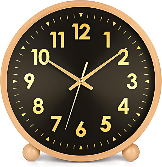 Maxspace Wooden Table Clock,8in Silent Non-Ticking Desk Clock,Battery Operated Desktop Analog Clock for Living Room Office Bedroom Decor (Black Gold - Log, Wooden Ball Base)