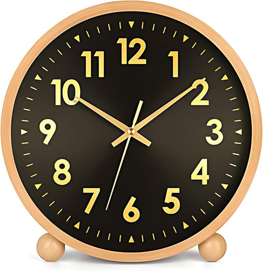 Maxspace Wooden Table Clock,8in Silent Non-Ticking Desk Clock,Battery Operated Desktop Analog Clock for Living Room Office Bedroom Decor (Black Gold - Log, Wooden Ball Base)