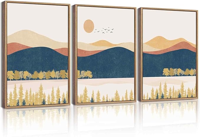 KUVIOKE Bohemain Mountain Landscape Framed Canvas Wall Art Watercolor Nature Artwork Painting Boho Farmhouse Rustic Room Decor for Bedroom Living Room 12x16in (Natural Framed)