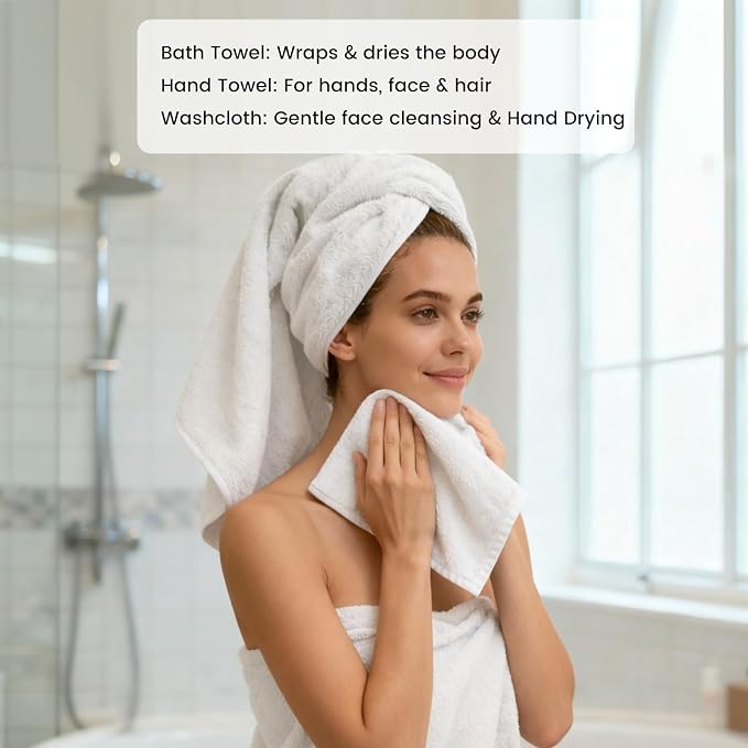 SEMAXE Bath Towel Set, 8 Piece Towel Set for Bathroom, Quick Dry Cotton Towels with Hanging Loops, Easy Care, White