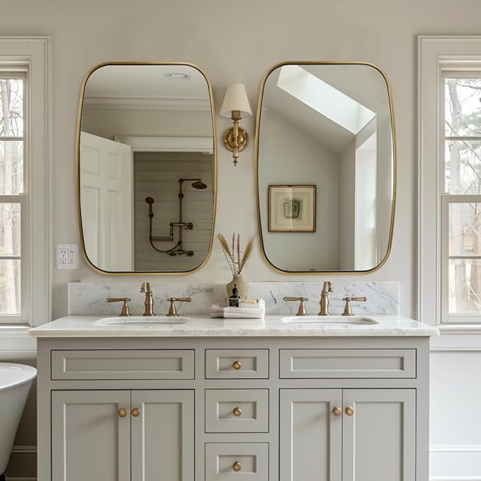 ANDY STAR Brushed Gold Oval Bathroom Mirror, 24x36 Inch Brass Oblong Mirrors for Wall, Modern Vanity Mirror in Stainless Steel Metal Tube Frame, Wall Mount Horizontal or Vertical