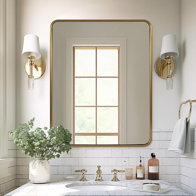 ANDY STAR 40x36 Inch Gold Bathroom Mirror, Brushed Gold Mirrors for Wall in Anti-Rust SUS304 Tube Metal Frame, Rounded Rectangle Mirrors 1’’ Deep Wall Mounted Vertically/Horizontal for Bathroom