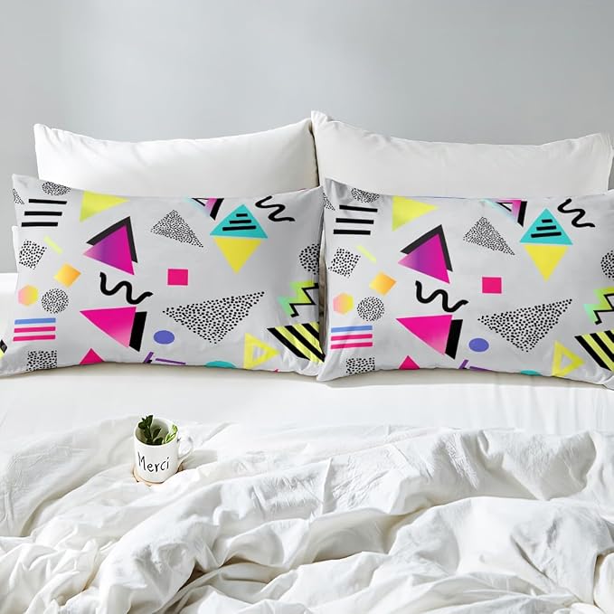 80s Bedding Set Memphis Pattern Old Fashion Comforter Cover,Vintage 90s Memphis Style Duvet Cover Abstract Geometric Pattern Retro Bed Set Full,Rainbow Urban Modern Circles Triangle Room Decor