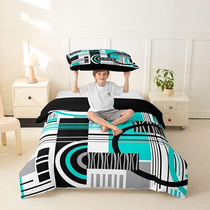 Erosebridal Art Deco Mid Century Duvet Cover Set Retro Modern Abstract Geometric Twin Bedding Sets for Girls Teen Boys Black and White Teal Circles Stripes Comforter Cover Contemporary Bed Set