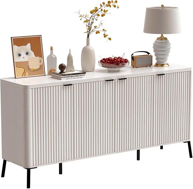 Buffet Cabinet, 63" Large Sideboard Buffet Cabinet with Storage, Modern Fluted Sideboard with 4 Doors, Wood Credenza Coffee Bar Storage Cabinet, for Living Room, Kitchen, Hallway, White