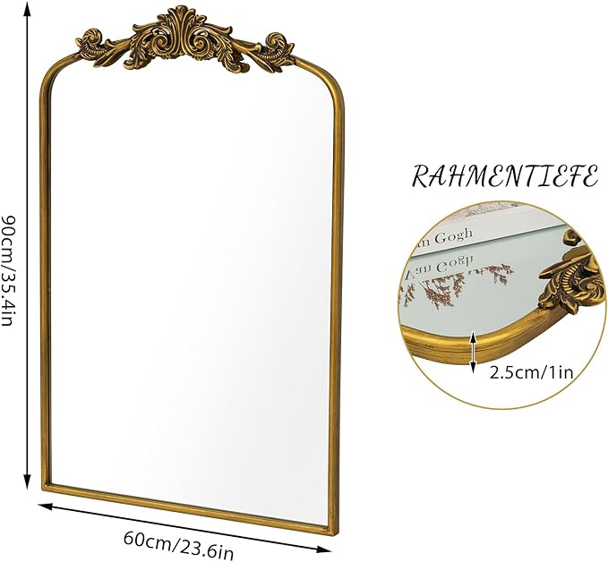 Gold Baroque Mirror Antique 24x35Inches - Vintage Arched Mirror with Ornate Gold Frame for Entryway, Narrow Hallway & Bathroom Wall Decor