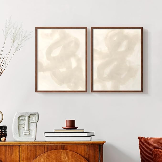 Renditions Gallery Set of 2 Peel & Stick Framed Prints, Abstract Wall Art, Beige and White Aesthetic Wall Decor, Re-Stickable - Ready to Hang - 16"x20" - Walnut Frame LT588
