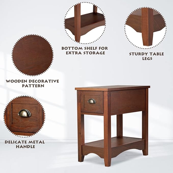 KOTEK End Table with Drawer and Open Shelf, Retro Narrow Side Table Nightstand w/Solid Wood Legs, Slim End Table for Small Space, Living Room, Bedroom, Home Office (Set of 2, Walnut)