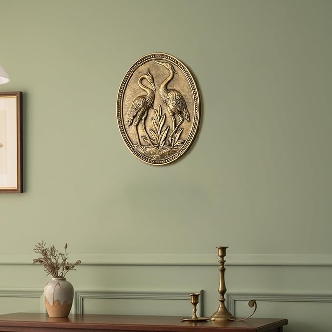 Vintage Crane Wall Sculpture, Antique Wall Decor, Crane Wall Art, Hand Painted Wall Decoration with Embossed Couple Birds Design, Vintage Wall Decor for Living Room Bedroom Dining Room Hallway, Housewarming Gifts