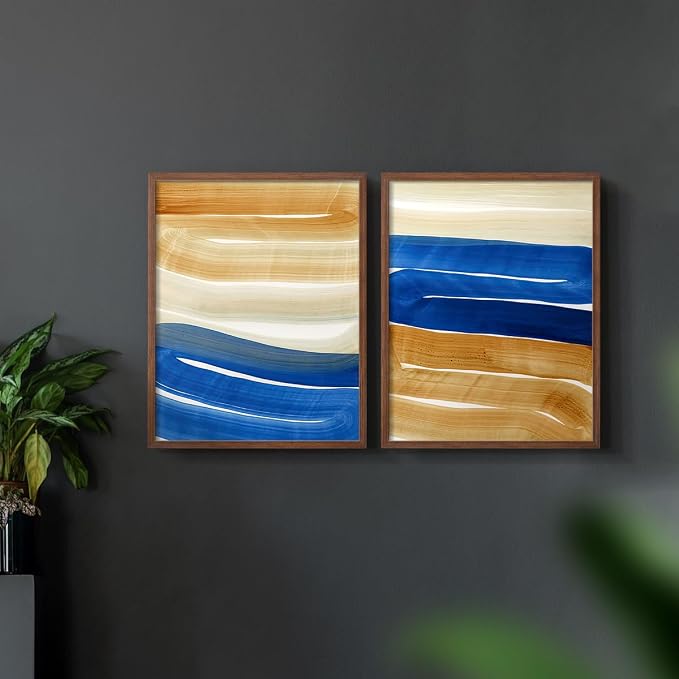 Renditions Gallery Set of 2 Peel & Stick Framed Prints, Abstract Wall Art, Blue and Gold Wave Textured Background Wall Decor, Re-Stickable - Ready to Hang - 11"x14" - Walnut Frame LT588