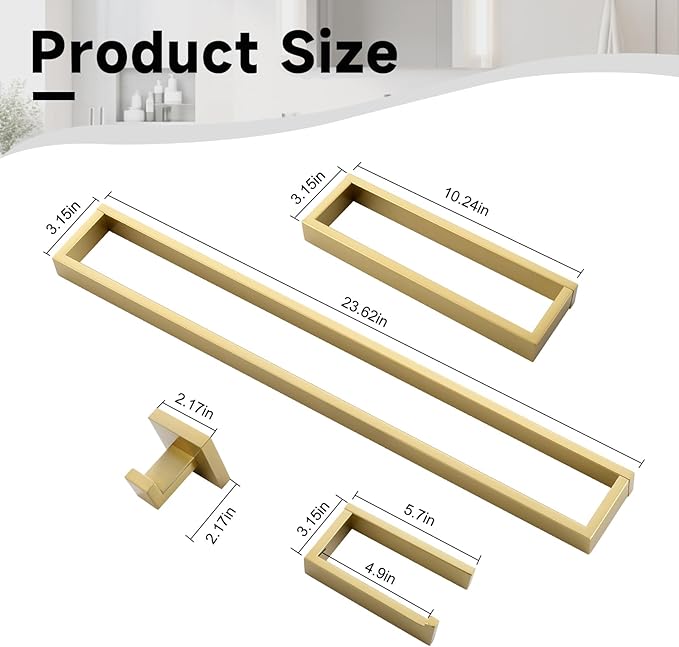 TNOMS Brushed Gold 5-Pieces Bathroom Hardware Set Towel Bar Set,Stainless Steel Bathroom Hardware 23.6 Inch Towel Bar Towel Holder Set Wall-Mounted