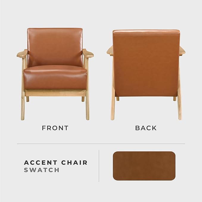 Lexicon Mid Century Modern Accent Chair with Solid Wood Frame in Natural Finish, Faux Leather Living Room Lounge Arm Chair, Thick and Comfy Innerspring Seat Cushion, Brown