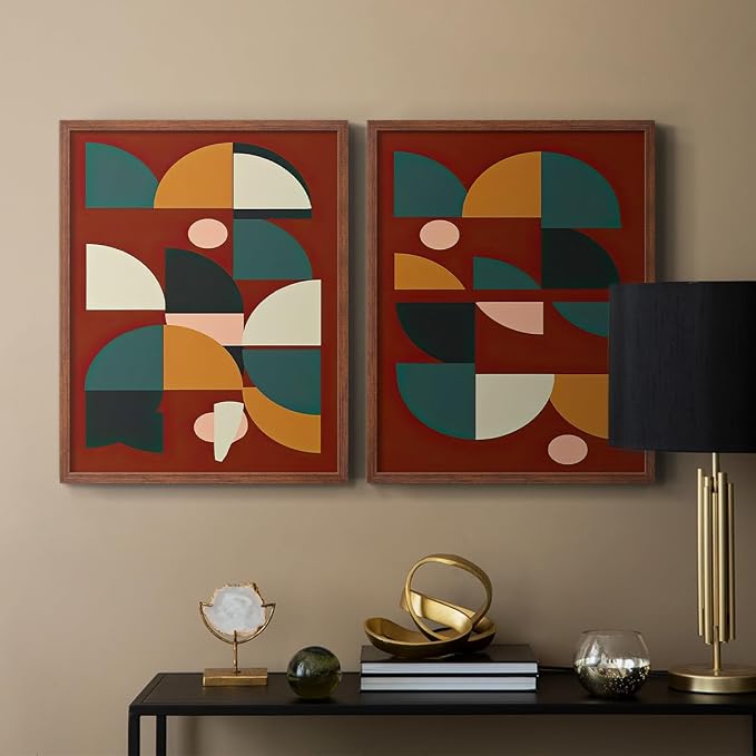 Renditions Gallery Set of 2 Peel & Stick Framed Prints, Mid Century Abstract Wall Art, Modern Geometric Shapes Wall Decor, Re-Stickable - Ready to Hang - 8"x10" - Walnut Frame LT588