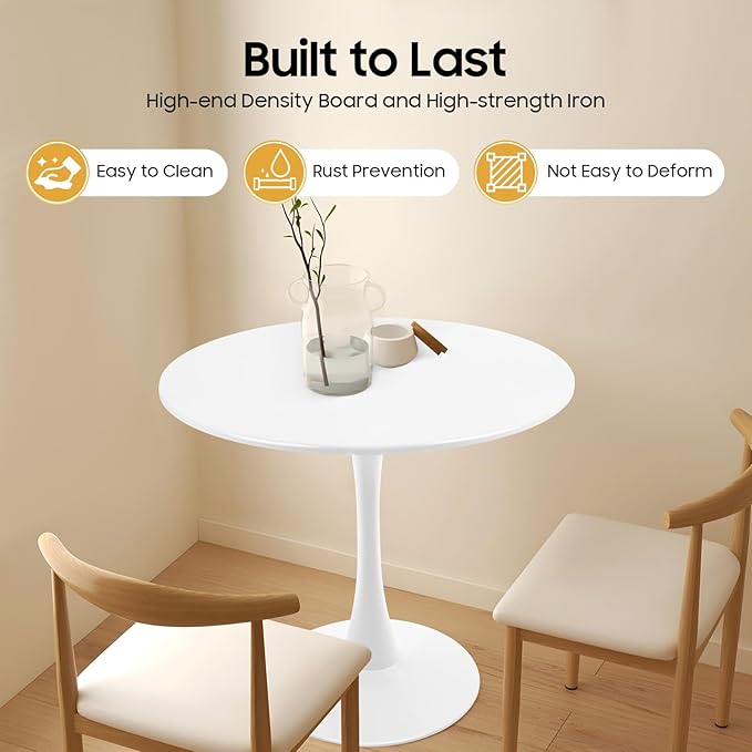 Round Dining Table, 31.5" Circle Tulip Table with Thickened Tabletop & Metal Pedestal, Mid-Century Modern Style MDF Top for Kitchen Living Room Cafe and Small Spaces