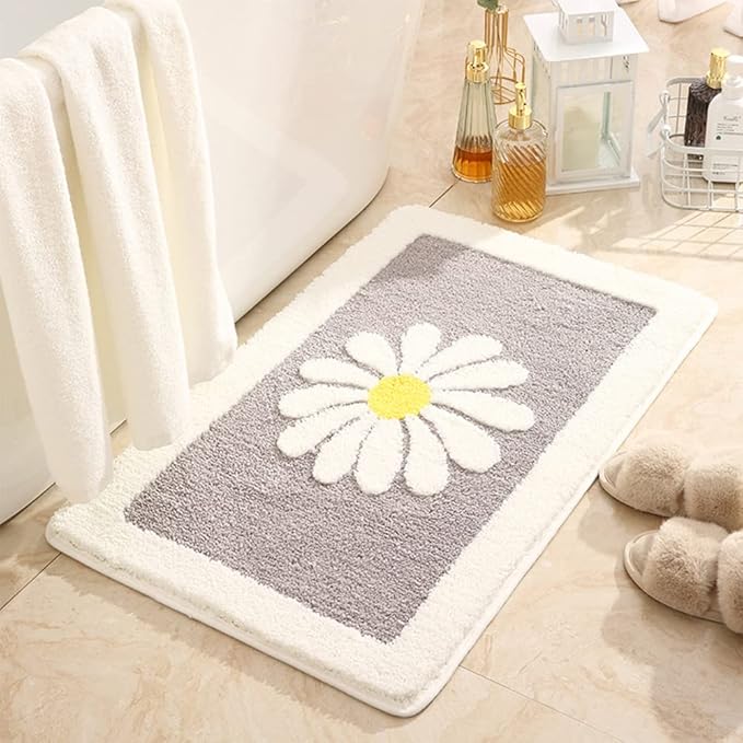 Hi Space Bathroom Rugs 31.5x19.7IN Grey Bath Mat for Bathroom Non Slip Machine Washable Soft Microfiber Absorbent Cute Daisy Floral Bath Rug Plush for Tub Shower Sink Fluffy Home Decor Accessories