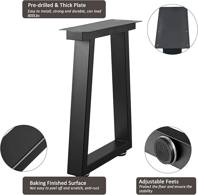 Bench Legs 16 Inch Metal Coffee Table Legs Heavy Duty Trapezoid Iron Table Legs, Set of 2, Black