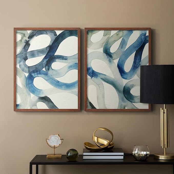 Renditions Gallery Set of 2 Peel & Stick Framed Prints, Watercolor Abstract Wall Art, Aquatic Water and Sand Strokes Wall Decor, Re-Stickable - Ready to Hang - 22"x28" - Walnut Frame LT588