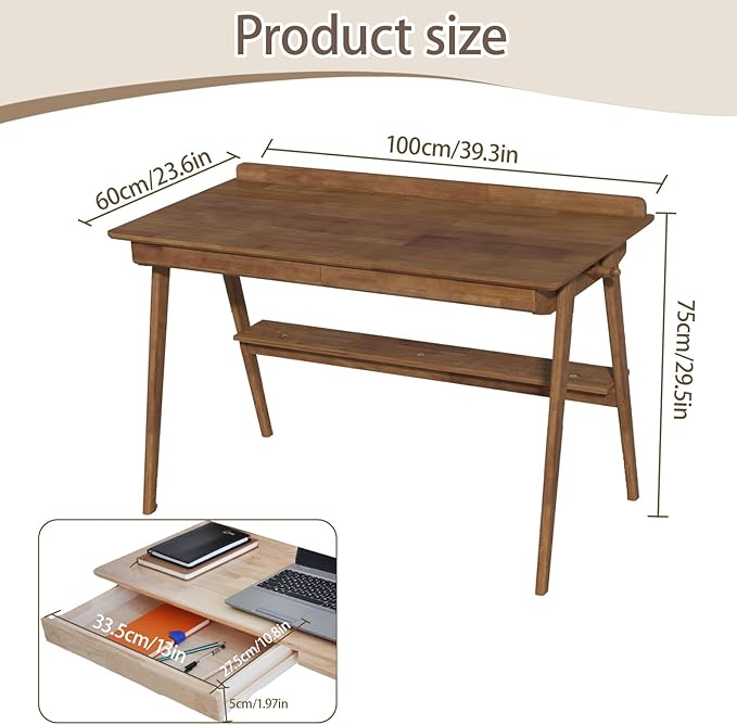 Mid-Century Modern 100% Solid Wood Writing Desk, 39" Rubberwood Home Office Computer Table & Workstation Desk with 2 Drawers, Lower Shelf & Side Hooks, 350 lbs Load, Laptop Desk