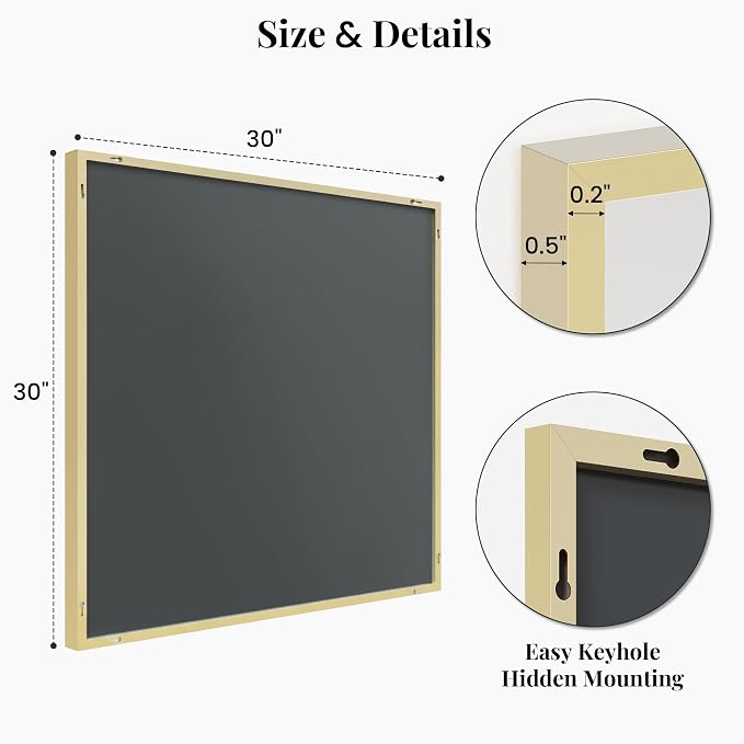 30"x30" Square Gold Bathroom Mirror, Shatterproof Tempered Glass, Brass Tone Geometric Narrow Frame, Ultra-Flush Wall-Mounted