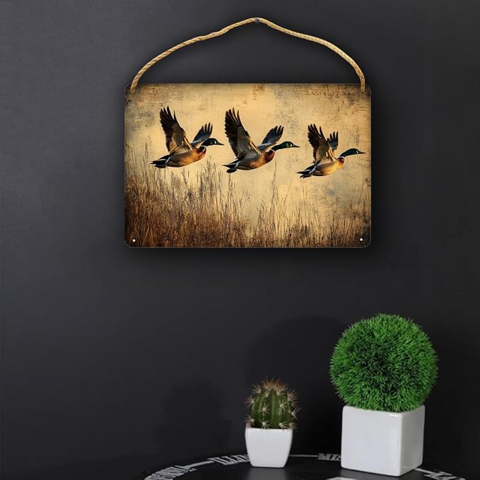 Vintage Flying Ducks Wooden Sign 12x8 Inch - Retro Nature Decor for Nostalgic Enthusiasts & Bird Lovers, Ideal for Vintage-Inspired Interiors & Rural Aesthetic Spaces