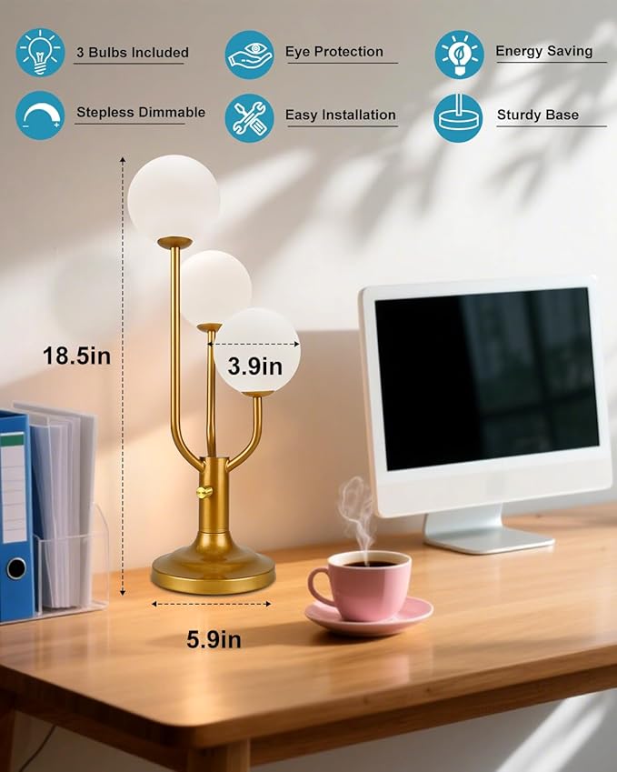 Lightdot Modern Gold Globe Table Lamp Dimmable Mid Century 3-Light Desk Lamp 3000K Warmwhite Nightstand Lamp for Bedroom Bedside End Table(G9 Bulb Included)